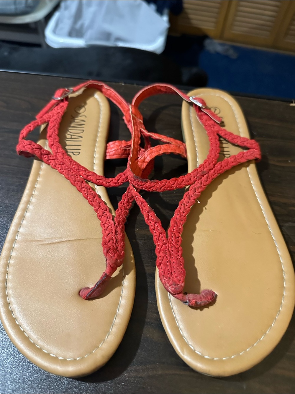 Braided Red T-Strap Women's Sandals - Casual Summer Style